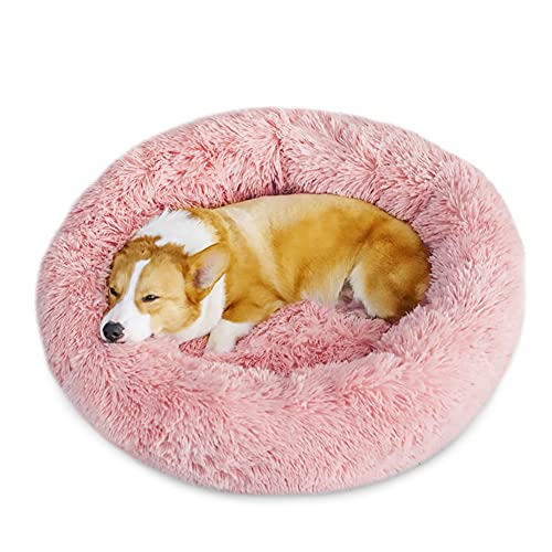 Camas para perros pequeños y medianos grandes, lavables, con cojín suave y esponjoso, diseño de rosquilla, color rosa claro S (50 cm)