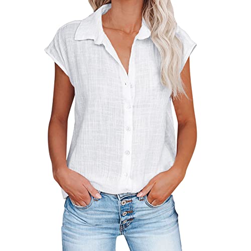 Camiseta transpirable de manga corta para mujer, para verano, cómoda, informal, holgada, túnica, cuello vuelto, de un solo color., Blanco, XL