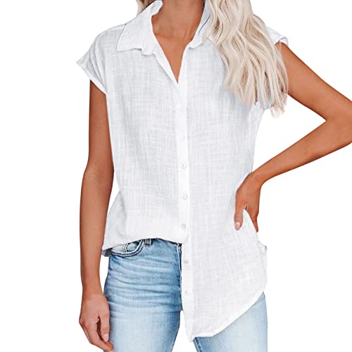 Camiseta transpirable de manga corta para mujer, para verano, cómoda, informal, holgada, túnica, cuello vuelto, de un solo color., Blanco, XL