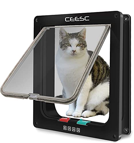 CEESC Puerta Grande para Gatos (tamaño exterior 28 cm x 24,9 cm), bloqueo de 4 vías para gatos y perros pequeños de circunferencia <63 cm, fácil de instalar y de usar