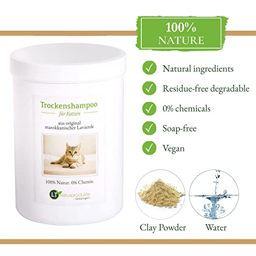 Champú seco para gatos, con polvo de arcilla original marroquí | Vegano y bio | para el cuidado del pelo sin productos químicos | 1 kg