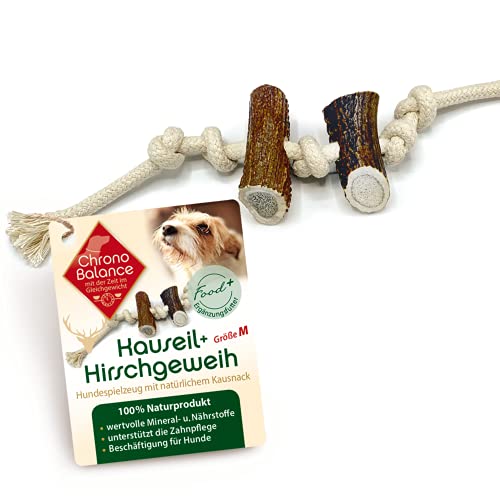 ChronoBalance® Cuerda para masticar con cuernos para perros como juguete y artículo para masticar, 100% cuernos de ciervo y algodón, juguete para masticar, cuidado dental (M).