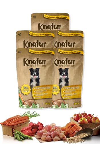 Cocido Natural casero para Perros, húmedo con Carne Fresca y Verduras Frescas - 90% Carne Knatur (5x600gr) (Pollo)