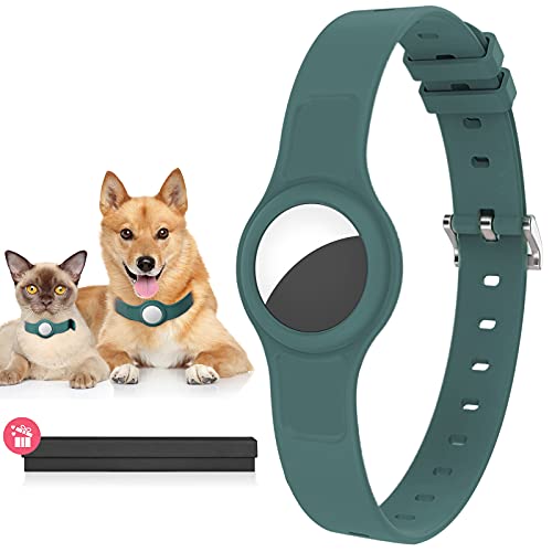 Collar de perro compatible con Apple Airtags, collares de perros con funda para Airtags, antipérdida, rastreador GPS para perros pequeños y medianos y gatos, collar de perro de silicona, verde oscuro