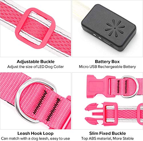 Collar de perro LED Micro USB recargable con luz brillante Collar para mascotas cómodo de malla suave para perros pequeños, medianos y grandes (M, rosa)