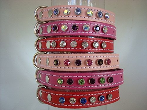 Collar de piel con cristales de Swarovski, diseño de elementos de cristal, 4 tamaños de collar, 3 colores, rojo, rosa o cerisa, más de 100 combinaciones (cuello XXS 21-27 cm x 14 mm, rosa bebé)