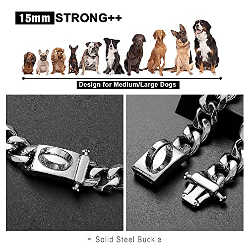 Collar para perros de plata, collar inoxidable con hebilla de seguridad, cadena de metal, resistente a la masticación de 15 mm, hebilla para perro