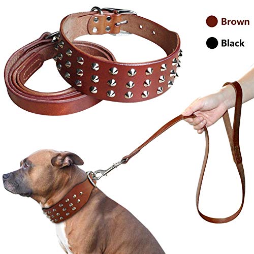 Collares de perros de cuero genuino tachonado, conjunto de correas, conjunto de perros grandes, conjunto *4* (Color : Brown, Size : Large)
