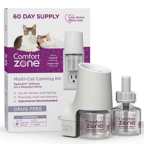 Comfort Zone Calmante para casas individuales y multigatos, feromonas de gato, kit de difusor, 1 difusor, 2 recambios de 48 ml, nueva fórmula