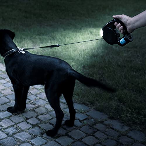 Correa de perro con luz LED y dispensador de bolsa de 5 m de cuerda ergonómica reflectante para perros de hasta 25 kg