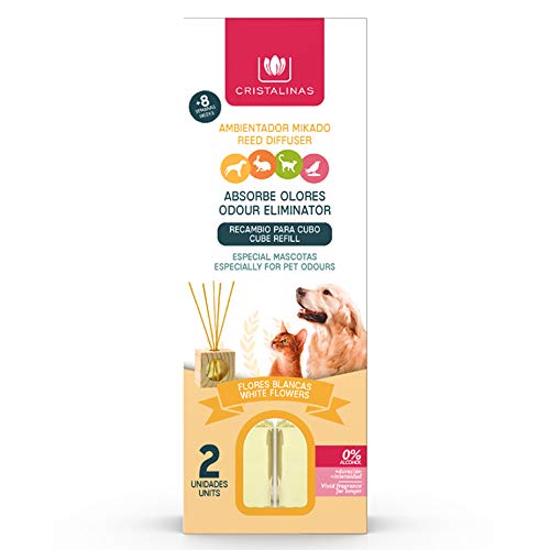 CRISTALINAS. Pack x2 Ambientador & Absorbe Olor Mikado para Mascotas. 0% Alcohol. Mas de 4+4 semanas de duracion. 2x30 ml. Aroma (Flores Blancas) (Unidad)