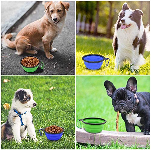 CYWVYNYT 2 cuencos para perros plegables de viaje, a prueba de fugas, con mosquetón de escalada para gatos, perros y mascotas para agua y comida (350 ml, azul y verde)