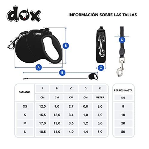 DDOXX Correa Perro Enrollable Reflectante Tamaños de Correas para Perros |Perros Pequeños y Grandes | Correa Perro Extensible | Accesorios para Perros | Negro L | 5m | hasta 50 kg