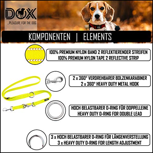 DDOXX Correa Perro Multiposición Nylon Reflectante, Ajustable en 3 tamaños, 2 m | Muchos Colores & Tamaños | para Perros Pequeño, Mediano y Grande | Correa Doble 2 Gato Cachorro | S, Amarillo