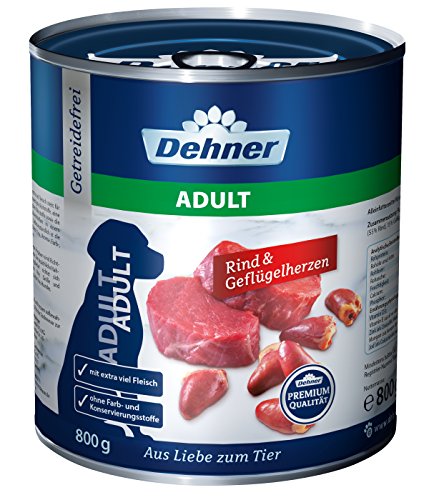 Dehner Comida para Perros prémium, para Adultos, Vacuno y Corazones de Aves, 6 x 400 g (2,4 kg).