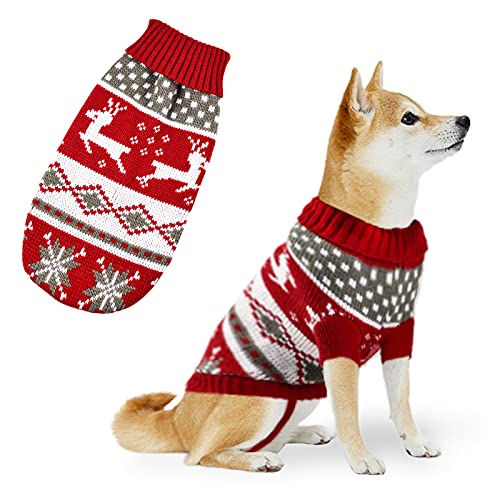 Dereine Jersey de Navidad para Mascotas,Suéter Navidad Mascotas,Jersey de Navidad Perro,Disfraz de Gato para Perro con Patrón de Reno,Invierno,Suéter para Perros Pequeños,Gato (Rojo y Blanco, Large)