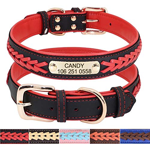 Didog - Collares para perro de piel personalizada con placa de latón grabada – Cuero trenzado suave acolchado personalizado – Collares ajustables para mascotas para perros pequeños, medianos y grandes