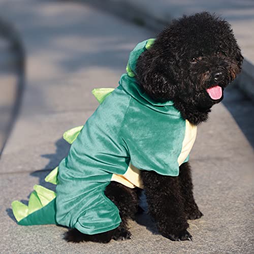 Disfraz de Dinosaurio para Perros pequeños, Disfraz de Cachorro Divertido, cómodo con Capucha de Dinosaurio, Ropa de Invierno cálida y Ligera para Halloween (Verde, S)