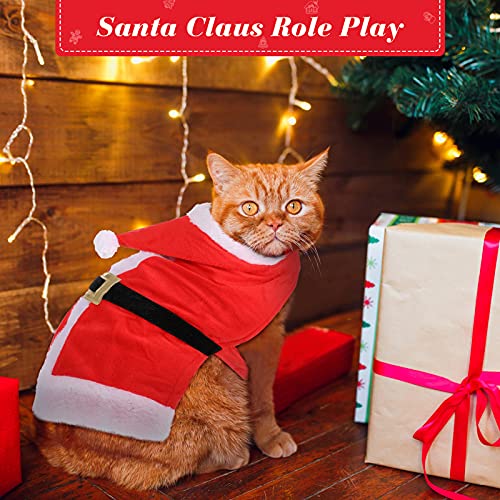 Disfraz de Gato de Navidad Ropa de Gato de Papá Noel Rojo y Blanco Suave Traje Navideño de Gato Abdominal Ajustable de Interior con Cinturón y Sombrero Suministros de Mascota