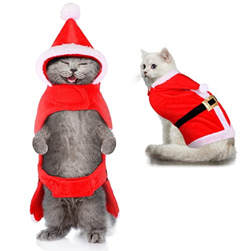 Disfraz de Gato de Navidad Ropa de Gato de Papá Noel Rojo y Blanco Suave Traje Navideño de Gato Abdominal Ajustable de Interior con Cinturón y Sombrero Suministros de Mascota