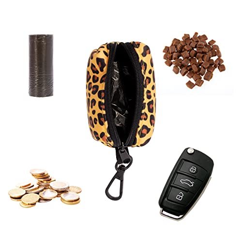 Dispensador de Bolsas Caca Perro - Porta Bolsas de Excrementos con Mosqueton - Bolso Accesorios para Mascotas - Incluye un Rollo de Bolsas (Leopard)