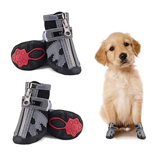 Dociote Zapatos para Perro, 4Pcs Antideslizante Botas con Correas Resistente, Impermeables Protectores de Patas para Perros pequeños y Medianos Negro 4#