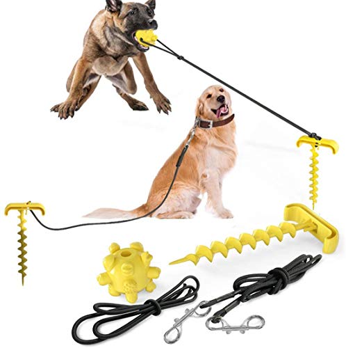 DUJIAOSHOU Estaca para perro en tierra, cable y estaca, correa de plomo para perro, anclaje de tierra en espiral resistente con bola molar de juguete (amarillo)