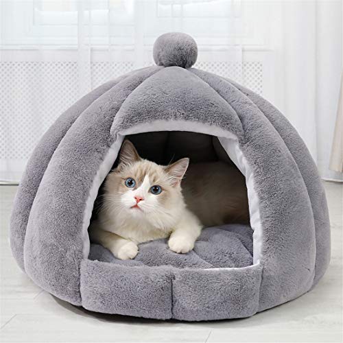 Ellaucci Cama iglú para gatos y perros, 40 x 50 cm, 2 en 1 para gatos y gatos, con almohada extraíble lavable, camas de microfibra para interiores y exteriores, color gris claro