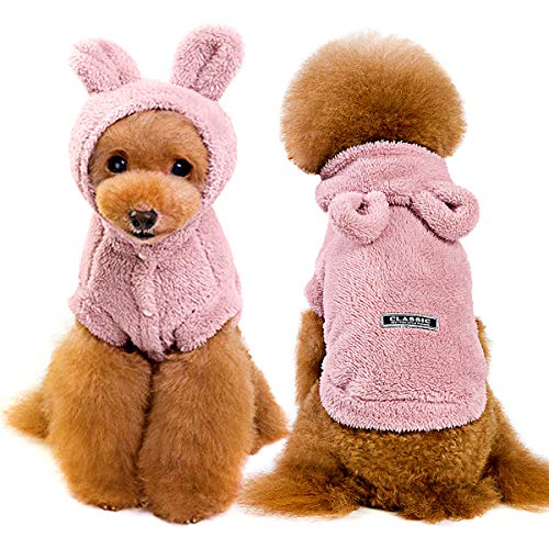 Eurobuy - Disfraz de invierno para perros - Chaqueta de franela gruesa y suave para mascotas, color liso, con capucha con orejas de osito - Prenda de ropa cálida para cachorros