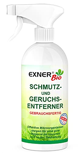 Exner Bio Eliminador de olores y manchas – Con microorganismos contra manchas y olores – para mascotas, hogar y coche 100% natural y suave – Botella pulverizadora de 500 ml