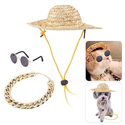 Fdit Sombrero de Paja para Mascotas Sombrero para el Sol de Verano Gorra para Perro Gafas de Sol Redondas clásicas Retro para Gato Collar Collar Cachorro Gato Accesorios para Fotos(Juego de 3 Piezas)