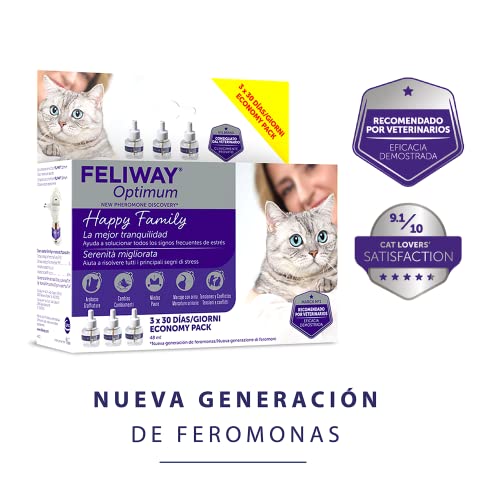 FELIWAY Optimum - Nueva Generación de Feromonas - Soluciona Todos los Signos de estrés del Gato - Arañazos, miedos, Cambios, marcaje con orina y conflictos Entre Gatos (3 recambios)