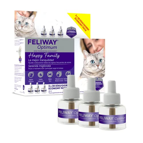 FELIWAY Optimum - Nueva Generación de Feromonas - Soluciona Todos los Signos de estrés del Gato - Arañazos, miedos, Cambios, marcaje con orina y conflictos Entre Gatos (3 recambios)
