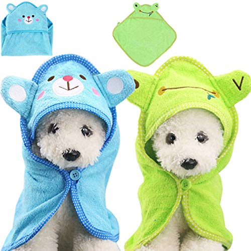 Fiyuer Albornoz para Perros 2 Pcs Toalla para Perros Pijamas Toalla de baño para Mascotas Microfibra Abrigos de Secado Azul Verde