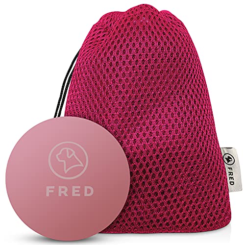 FRED Pelota para perros prémium de caucho natural, muy robusta, color rosa, casi irrompible, 6,5 cm de diámetro, incluye práctica bolsa de almacenamiento.