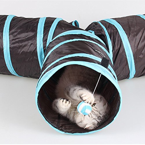 Gaetooely Tunel de Gato de 3 Maneras Juego de Gato Plegable para Mascotas Tunel con Bola Que Suena, Tubo de Diversion Espacioso para Gato Perrito Gatito Azul + Negro