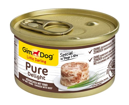GimDog Pure Delight, pollo con vacuno - Snack para perros rico en proteínas, con carne tierna en deliciosa gelatina - 12 latas (12 x 85 g)