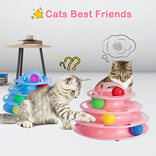 Goopow 17 Juguetes para Gatos, Juguetes interactivos para Gatos de Interior Bola de Juguete con Ruedas de 4 Capas con 4 Bolas de Colores y un Juguete para Gatos con Plumas de Campana (Rosado)