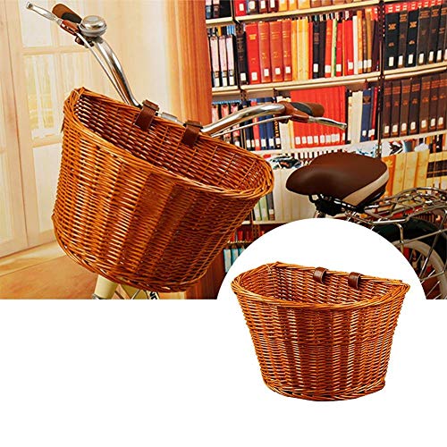 Groust Cesta para bicicleta de mimbre, cesta de mimbre para bicicleta, cesta delantera trenzada retro con soporte, caja de almacenamiento de mimbre para juguetes cosméticos