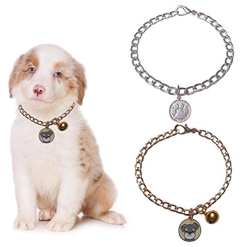HACRAHO Collar de cadena para perro, 2 unidades de collar de cadena para perro, collar de metal con colgante y campana para gatos, perros, cachorro, oro y plata, 40 cm