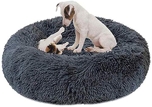 HANHAN Cama para perro de piel sintética grande con forma de donut redondo para mascotas, cojín suave, cálida cama para perro Golden Retriever, perro alemán, gris oscuro, 110 cm