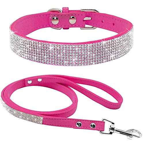 Haoyueer - Juego de correa de piel de ante suave y elegante con cristales brillantes para mascotas, gatos, perros, cachorros, collar de cachorros, color rosa
