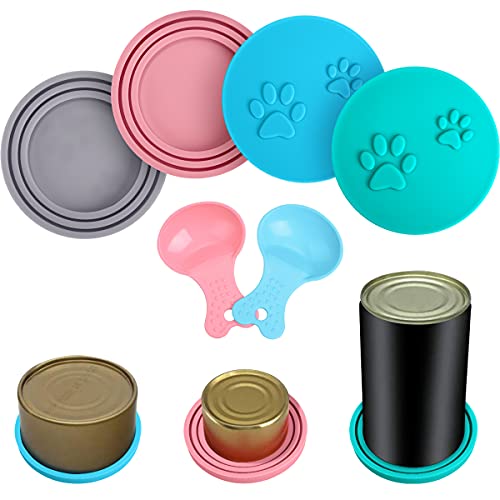 HB-Int 4 tapas de silicona para latas de mascotas, con 2 cucharas, universales, para perros, gatos, latas, latas de comida, tapas de silicona, aptas para lavavajillas, sin BPA