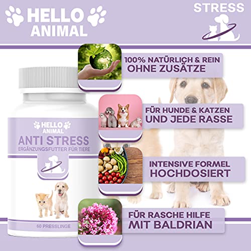 Hello Animal Alivio del estrés de Baldrian de alta dosis para gatos y perros, ayuda a combatir el pánico, la inquietud y la ansiedad, sin receta
