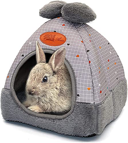 HirrWill - Cama para conejillo de indias, cálida cama con agujero de conejo, bonita casa arqueada, jaula grande, adecuada para conejos, hámsteres, conejos, hurones, erizos, mi vecino Totoro (gris)