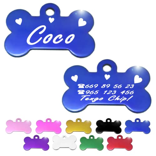 Hueso para Mascotas pequeñas-Medianas con Corazones Placa Chapa Medalla de identificación Personalizada para Collar Perro Gato Mascota grabada (Azul)