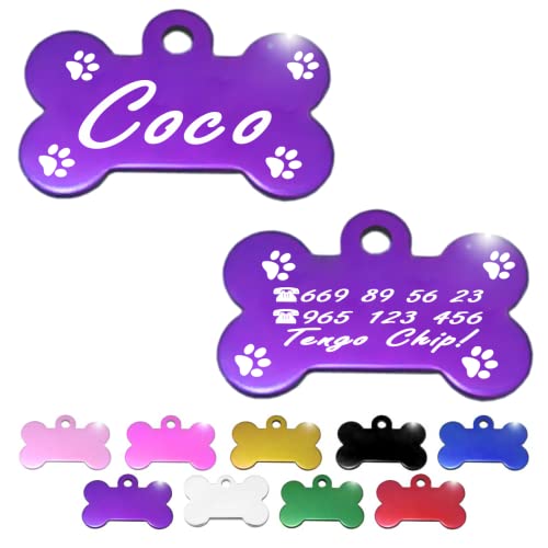 Hueso para Mascotas pequeñas-Medianas con Patas Placa Chapa Medalla de identificación Personalizada para Collar Perro Gato Mascota grabada (Lila)