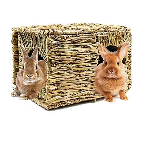 HYLYUN Casa de hierba muy grande para conejos – Naturalmente secada, casa de heno plegable, con aberturas para conejos enanos, cobayas, hurones chinchilla