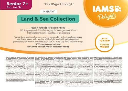 IAMS Delights Land & Sea Collection Alimento húmedo en salsa, para gatos de edad avanzada con diversos sabores a carne y pescado, 12 x 85 g
