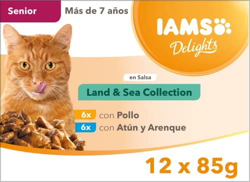 IAMS Delights Land & Sea Collection Alimento húmedo en salsa, para gatos de edad avanzada con diversos sabores a carne y pescado, 12 x 85 g